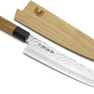 Yoshihiro VG10 46 Layers Hammered Damascus Gyuto Japanese Chefs Knife (Octagonal Ambrosia Handle) (7″ (180mm)