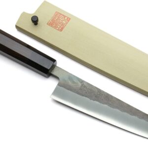 Yoshihiro Kurouchi Black-Forged High Carbon Blue Steel Stainless Clad Petty-Kiritsuke Utility Knife Ebony Handle (6″ (150mm) & Saya)