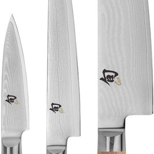 Shun Classic Blonde 3 Piece Starter Set, Includes 8″ Chef, 3.5″ Paring & 6″ Utility Knives, Handcrafted Japanese Knife Set, Damascus Stainless Steel Cladding, Pakkawood Handle