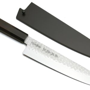 Yoshihiro Super Blue Steel Stainless Clad Hammered Gyuto Chefs Knife Rosewood Handle (8.25″(210mm) & Saya)