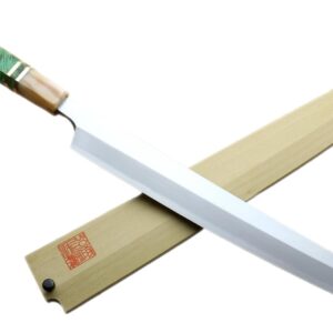 Yoshihiro Gintsuru Ginsan Stainless Steel Yanagi Kiritsuke Sushi Sashimi Japanese Knife with Stabilized Maple Burl Handle (11.8″ (300mm) & Saya)