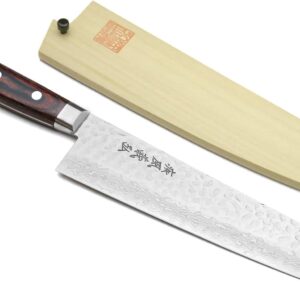 Yoshihiro VG10 Hammered Damascus Kiritsuke Sword Tip Multipurpose Japanese Chef Knife 8.25 inch – Western Style Mahogany Handle (with Magnolia Saya Cover)