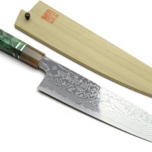 Yoshihiro HAP40 High Speed Stainless Steel Suminagashi Gyuto Chefs Knife Triple Ring Stabilized Maple Burl Handle (9.5″(240mm) & Saya)
