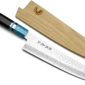 Yoshihiro VG-10 46 Layers Hammered Damascus Gyuto Japanese Chefs Knife Octagonal Turquoise Blue Handle 8.25″ (210mm)