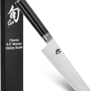 Shun Classic 6.5″ Master Utility Knife, Handcrafted Japanese Knife, VG-MAX Core with Damascus Stainless Steel Cladding, Pakkawood Handle, Precision and Sharpness for Professional and Home Chefs