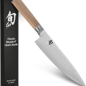 Shun Classic Blonde 8″ Chef’s Knife, Handcrafted Japanese Kitchen Knife for Professional and Home Chefs, VG-MAX Core with Damascus Stainless Steel Cladding, Pakkawood Handle