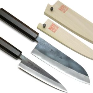 Yoshihiro Kurouchi Black-Forged Blue Steel Stainless Clad Santoku Chefs Knife and Petty Utility Knife 2pc Set Ebony Handle (Santoku 165mm / Petty 135mm & Saya Cover)
