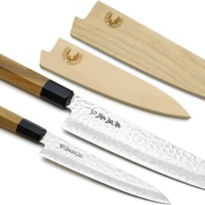 Yoshihiro 46 Layers Hammered Damascus Gyuto Chef Knife and Petty Utility Knife SET (Gyuto 8.25» (210mm) & Petty 6» (150mm), Ambrosia Handle)