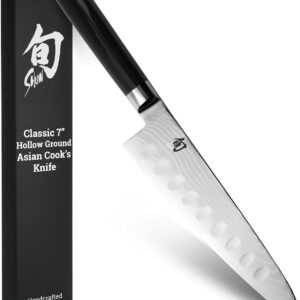 Shun Classic 7″ Hollow Ground Asian Cook’s Knife, Handcrafted Japanese Kitchen Knife, VG-MAX Core Damascus Stainless Steel Cladding, Pakkawood Handle, Gyuto-Style Tool for Professional and Home Chefs