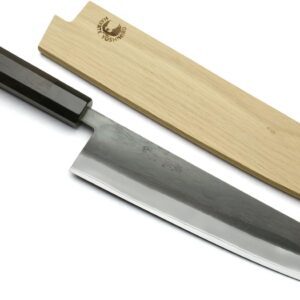 Yoshihiro Kurouchi Black-Forged High Carbon Blue Steel Stainless Clad Kiritsuke Japanese Multipurpose Knife Ebony Handle (8.25″ (210mm) & Saya)