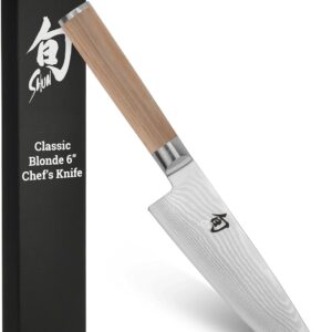 Shun Classic Blonde 6″ Chef’s Knife, Handcrafted Japanese Kitchen Knife for Professional and Home Chefs, VG-MAX Core with Damascus Stainless Steel Cladding, Pakkawood Handle