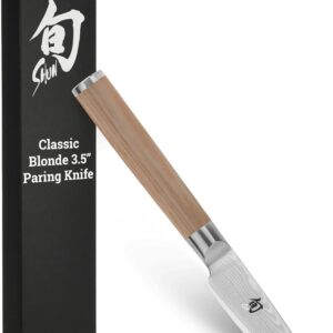 Shun Classic Blonde 3.5″ Paring Knife, Handcrafted Japanese Vegetable & Fruit Knife, VG-MAX Core with Damascus Stainless Steel Cladding, Pakkawood Handle, Small Tool for Peeling, Coring & Cutting