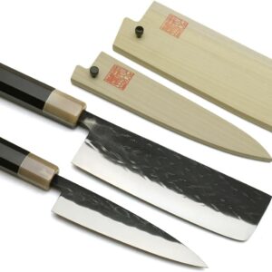 Yoshihiro Kurouchi Stainless Clad High Performance SLD Japanese Nakiri Vegetable Knife & Petty Utility Knife 2pc Set (Nakiri 6.5″ / Petty 5.3″ & Saya Cover)