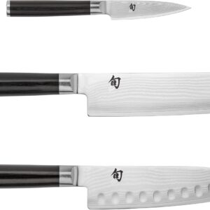 Shun Classic 3 Piece Japan Starter Set, Includes 7″ Hollow Ground Santoku, 3.5″ Paring & 6.5″ Nakiri Knives, Handcrafted Japanese Knife Set, Damascus Stainless Steel Cladding, Pakkawood Handles