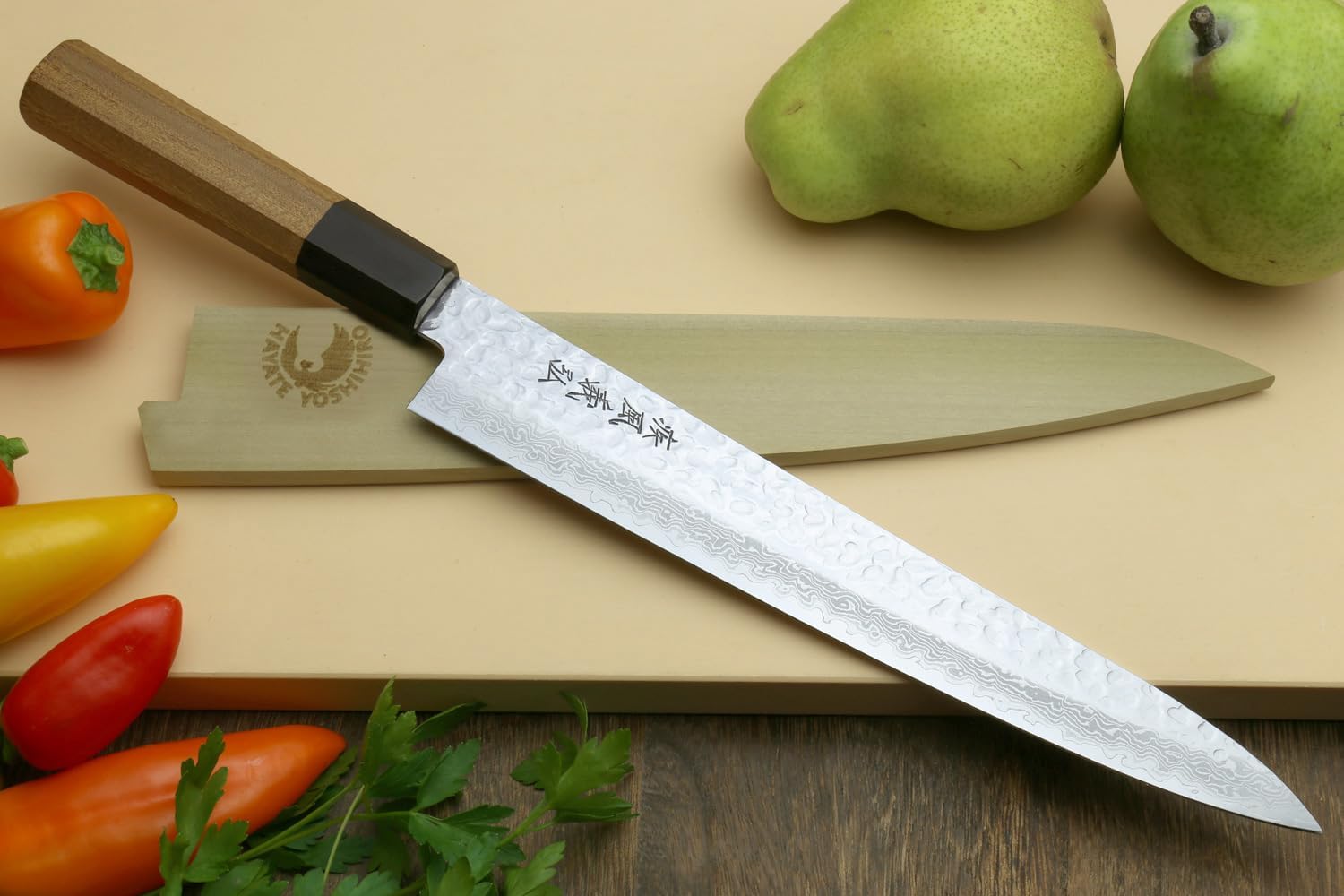 Yoshihiro VG10 46 Layers Hammered Damascus Sujihiki Japanese Slicer Knife (9.5" (240mm) Ambrosia Handle) - Imagen 2