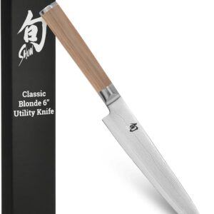 Shun Classic Blonde 6″ Utility Knife, Handcrafted Japanese Kitchen Knife, VG-MAX Core with Damascus Stainless Steel Cladding, Pakkawood Handle, Precision and Sharpness for Professional and Home Chefs
