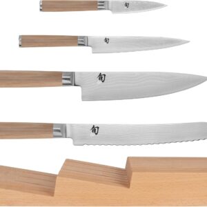 Shun Classic Blonde 5 Piece In-Drawer Set, 8″ Chef’s Knife, 3.5″ Paring Knife, 6″ Utility Knife & 9″ Bread Knife, Handcrafted Japanese Knife Set, Damascus Stainless Steel Cladding, Pakkawood Handle