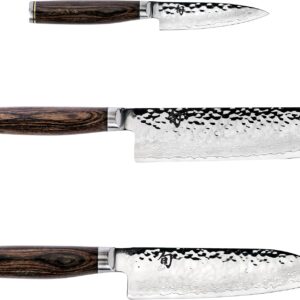 Shun Premier Brown 3 Piece Japan Starter Set, Includes 7″ Santoku, 4″ Paring & 5.5″ Nakiri Knives, Handcrafted Japanese Knife Set, VG-MAX Core with Damascus Stainless Steel Cladding, Pakkawood Handle