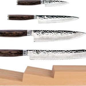 Shun Premier 5 Piece In-Drawer Set, Includes 8″ Chef’s Knife, 4″ Paring Knife, 6.5″ Utility Knife & 9″ Bread Knife, Handcrafted Japanese Knife Set, Damascus Stainless Steel Cladding, Pakkawood Handle