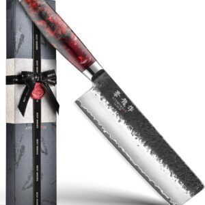 Japanese Nakiri Knife, 7 Inch Hand Forged Chef Knives with VG10 Steel, Professional Kitchen Knives, Ultra Sharp Vegetables Knife with Ergonomic Red Handle, Cooking Gifts for Men and Women
